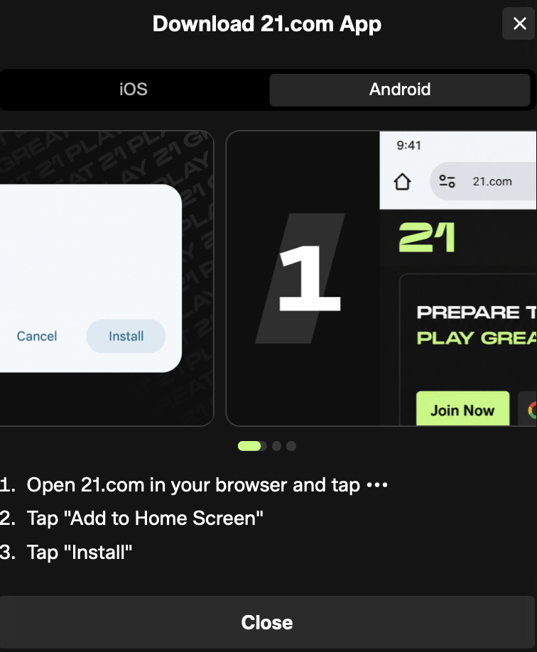 21 com casino App auf Android installieren Installationsdialog der 21 com casino App auf Android mit Install-Button