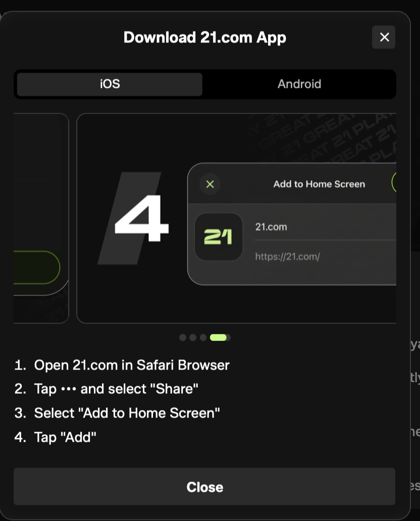 21 com casino App auf iOS installieren Installationsdialog der 21 com casino App auf iOS mit Add to Home Screen