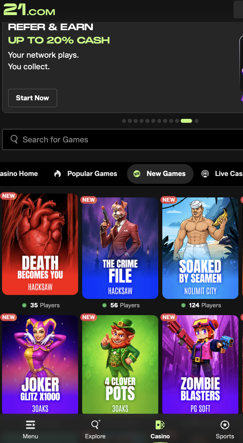 Mobile Ansicht des 21 com casino im Smartphone-Browser
