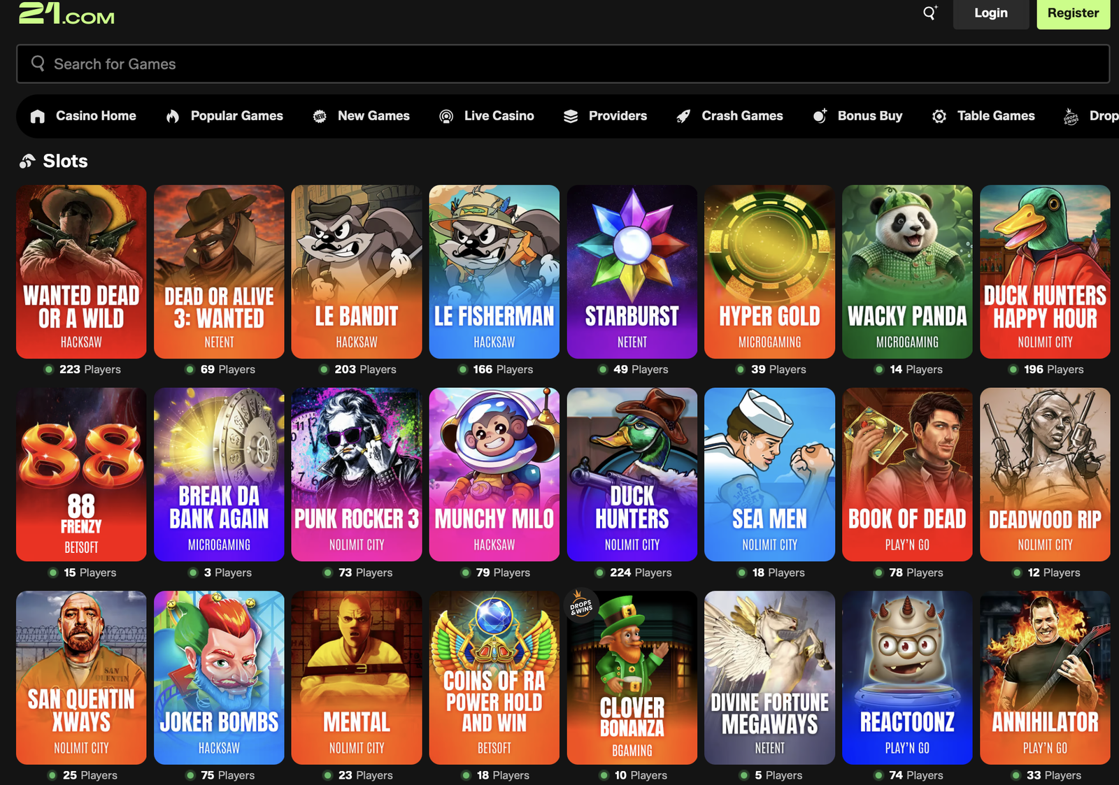 Slots im 21 com casino Slot-Lobby im 21 com casino mit Kategorien und Live-Spielerzahlen