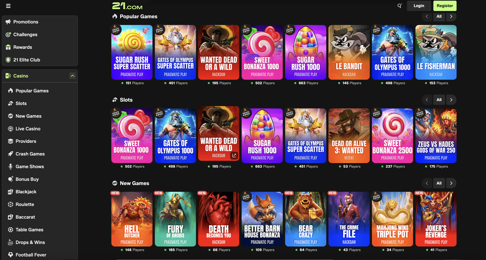 Beliebte Slots im 21 com casino mit Live-Spielerzahlen