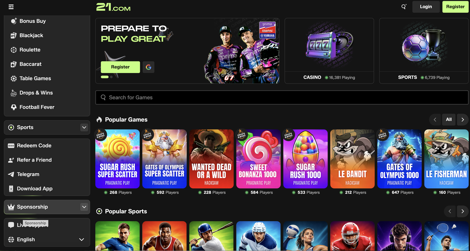 21 com casino Startseite mit Spielelobby und Sportbereich
