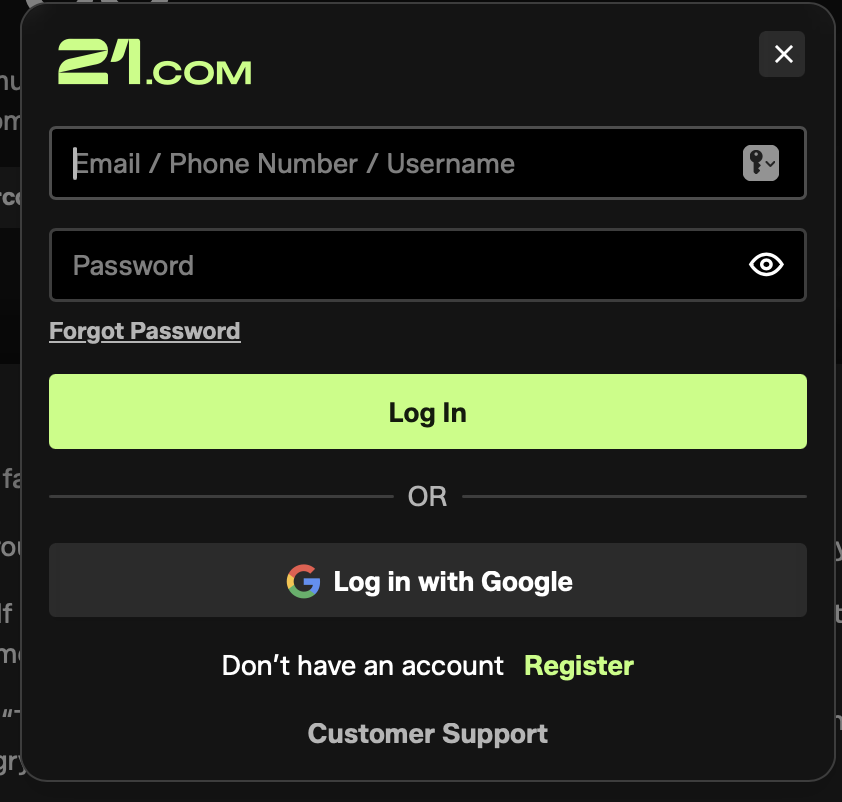 21 com casino Login-Dialog Login-Dialog des 21 com casino mit E-Mail, Telefonnummer oder Username und Google-Login