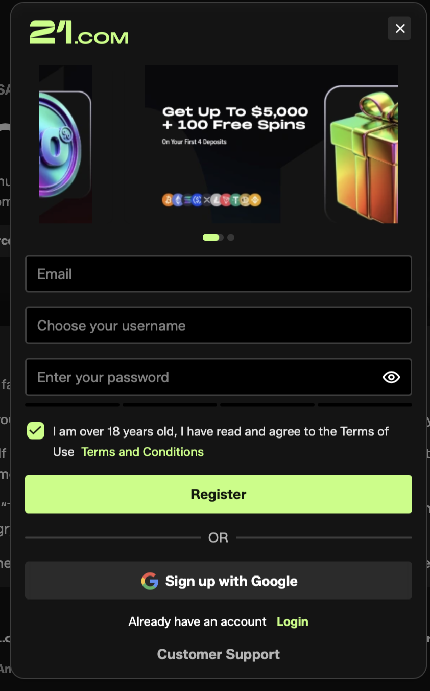 21 com casino Registrierung Registrierungsformular des 21 com casino mit E-Mail, Username, Passwort und 18-plus-Checkbox