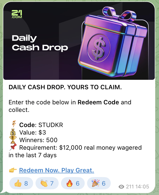 Daily Cash Drop mit 3-Dollar-Code Daily Cash Drop im Telegram-Kanal des 21 com casino mit Code über 3 Dollar