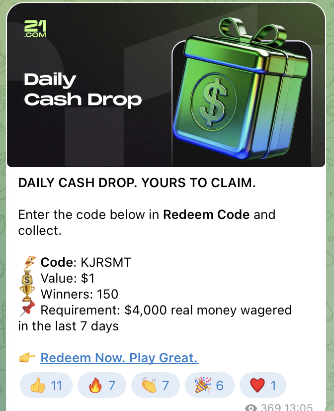 Daily Cash Drop mit 1-Dollar-Code Daily Cash Drop im Telegram-Kanal des 21 com casino mit Code über 1 Dollar