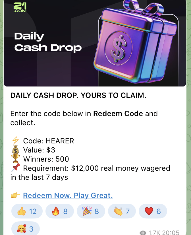 Daily Cash Drop im Telegram-Kanal Weiterer Daily Cash Drop im Telegram-Kanal des 21 com casino