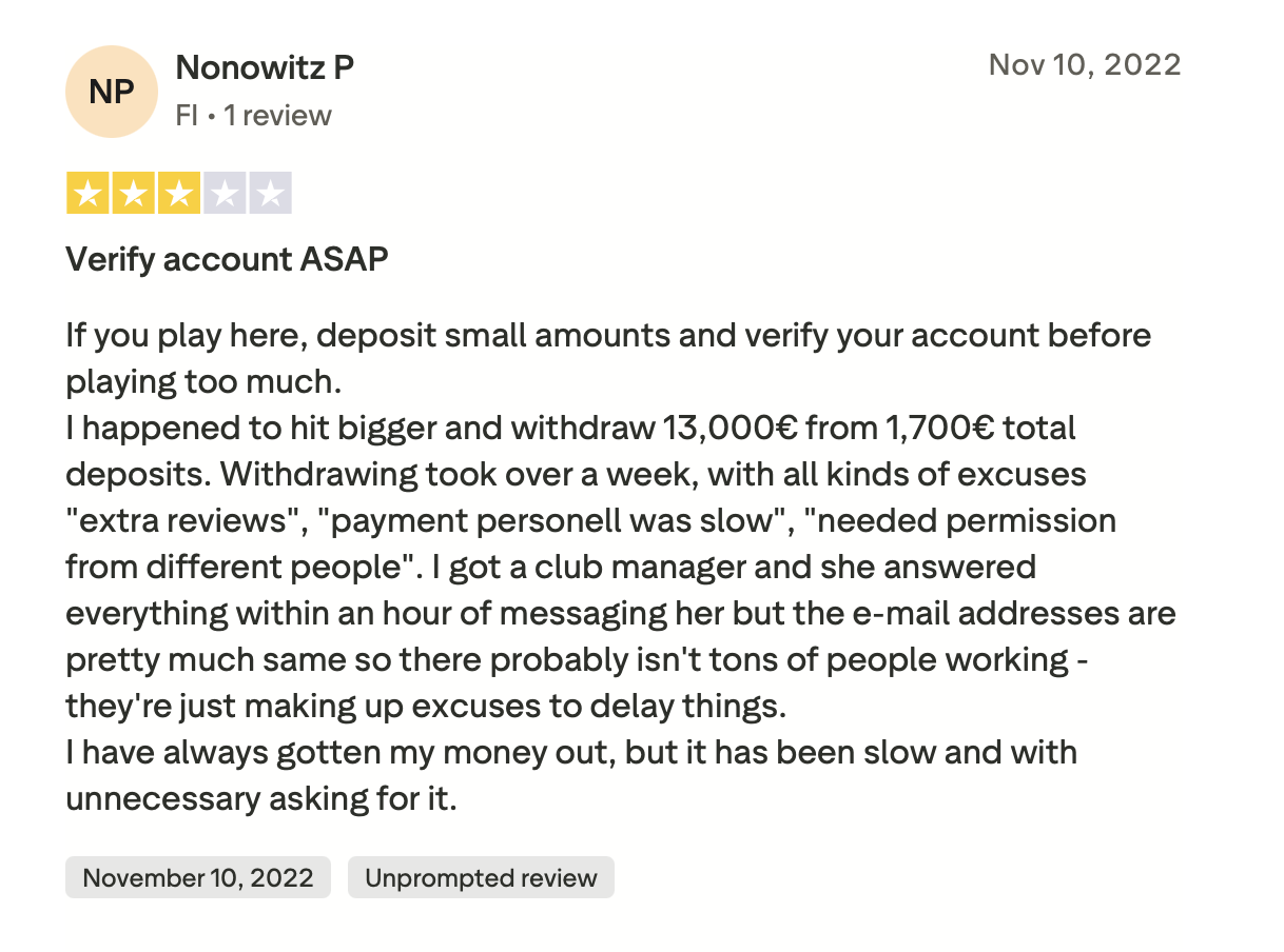 Bewertung aus der Ära des Vorbetreibers (2022) Trustpilot-Bewertung aus 2022 über eine langsame Auszahlung von 13000 Euro beim früheren Betreiber