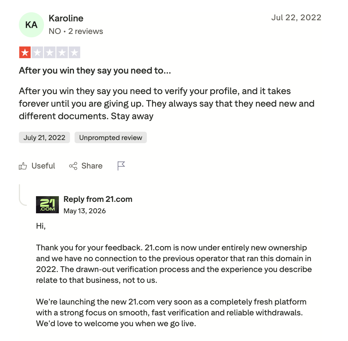 21.com bestätigt den Betreiberwechsel auf Trustpilot Offizielle Trustpilot-Antwort von 21.com zum Betreiberwechsel und neuem Eigentum